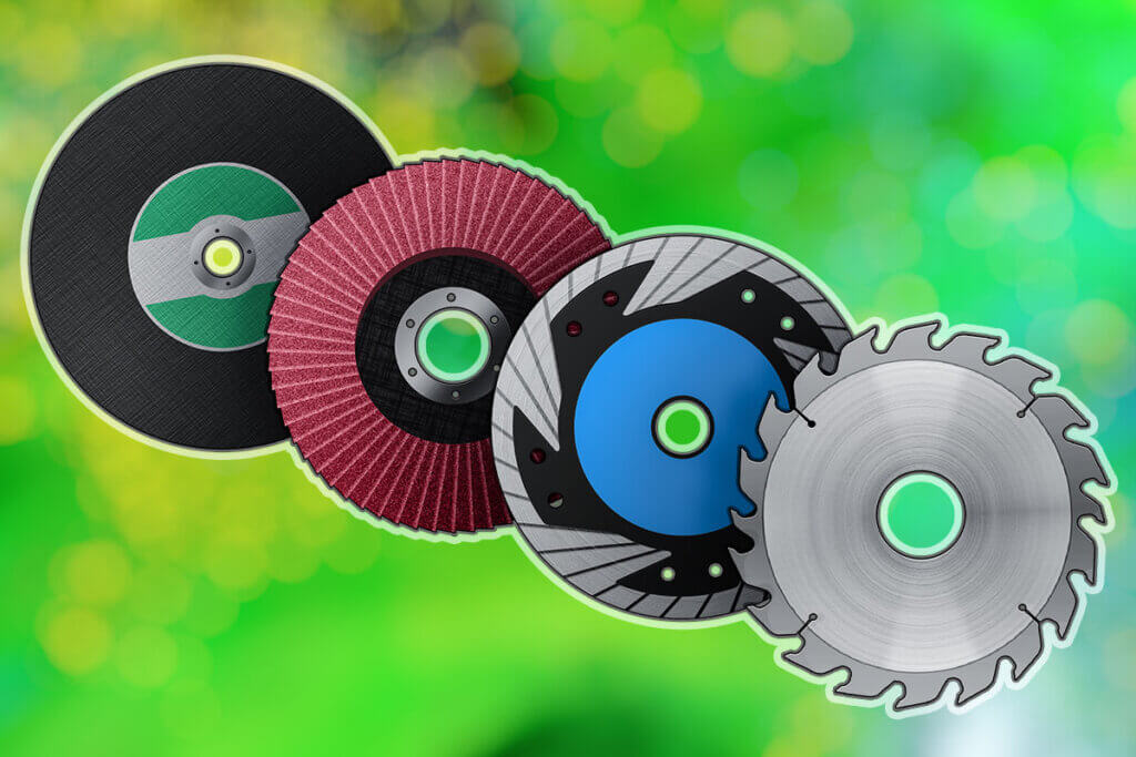 Grafik mir vier Typen von Schleifscheiben (Schruppscheibe, Diamantschleifscheibe, Trennscheibe, Sägeblatt)