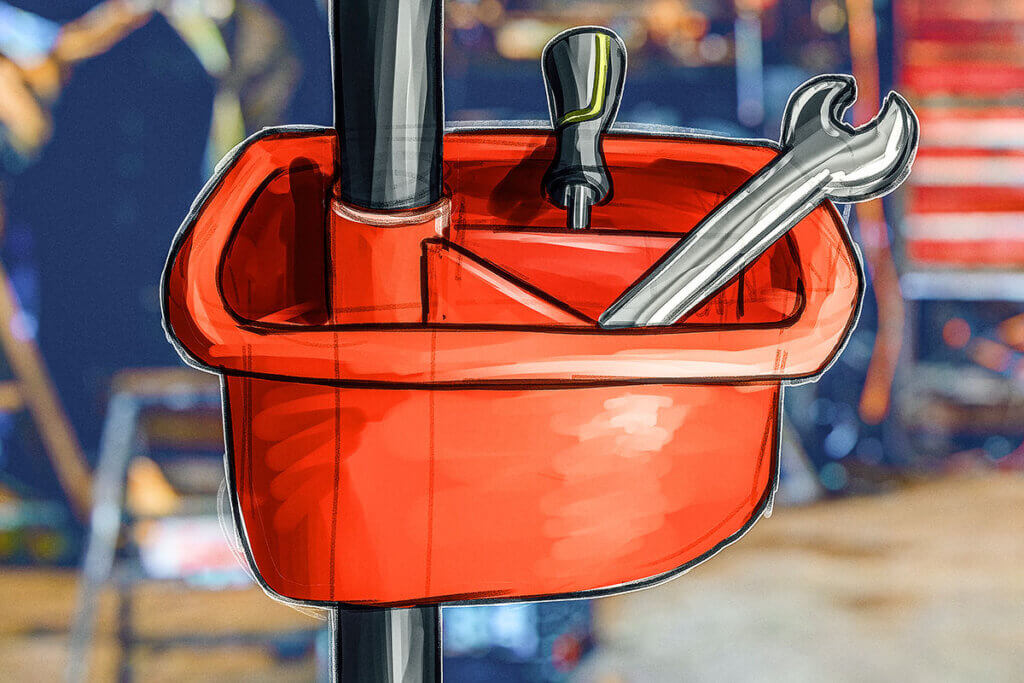 Grafik einer roten Aufbewahrungsschale für Werkzeug an einem Montageständer