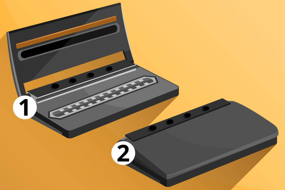 Schematische Darstellungen eines Vakuumierer im aufgeklappten und im geschlossenen Zustand.